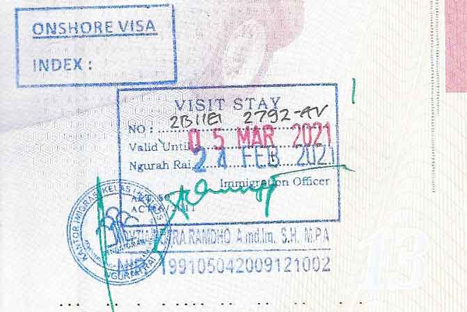 Stamp of a B211A Social Visa Onshore on a passport in Bali
