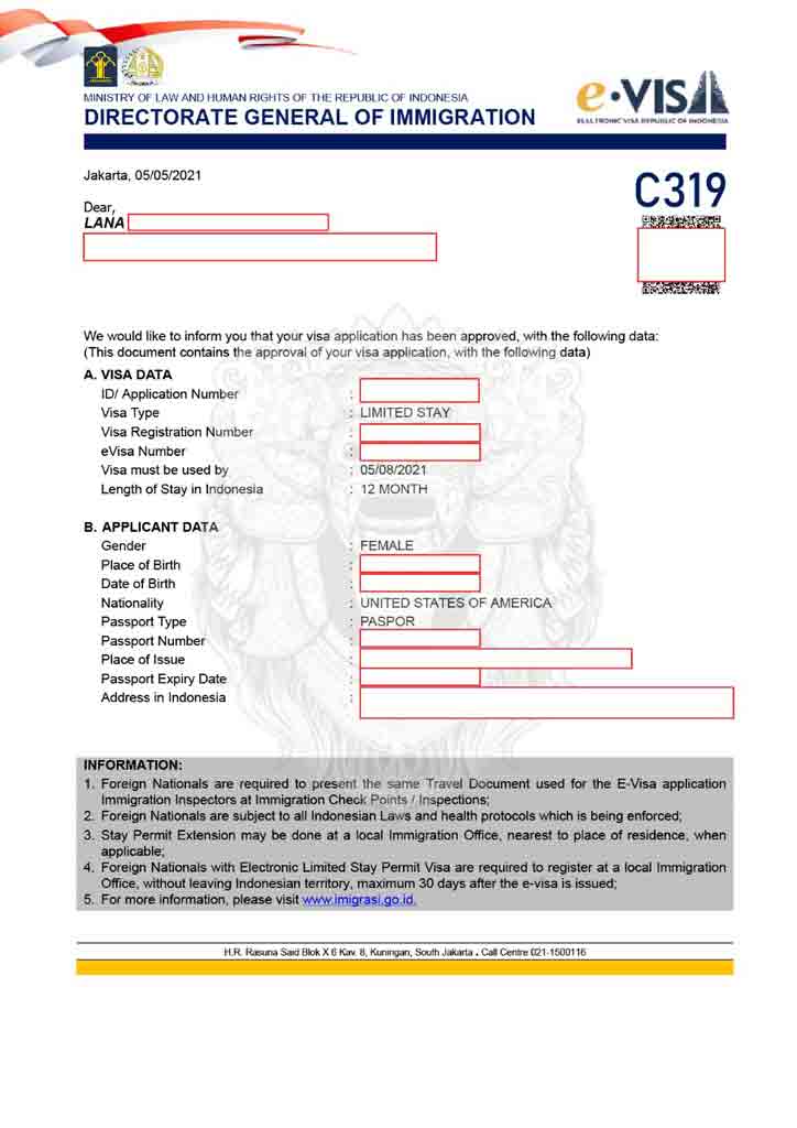 copy of the e-visa C319 to obtain Retirement KITAS