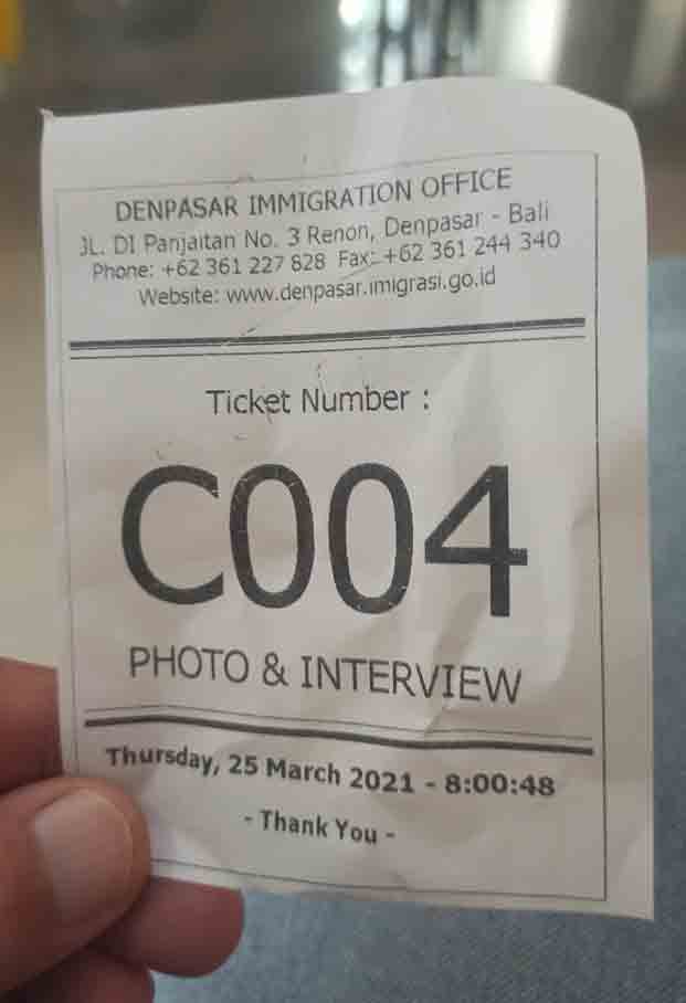 ticket for biometric registration at Immigration in Bali