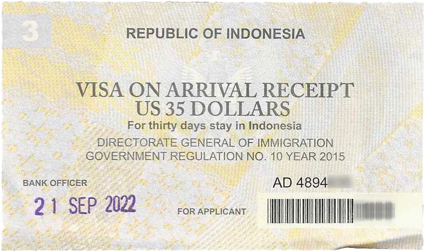Receipt of Visa On Arrival Indonesia US 35 Dollars