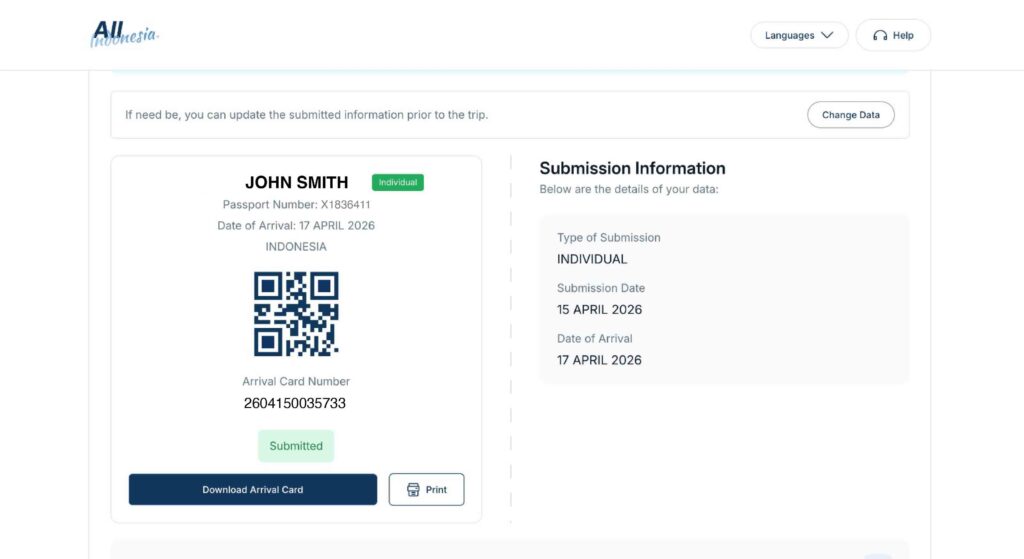 Screenshot of the QR code of the Arrival Card Indonesia
