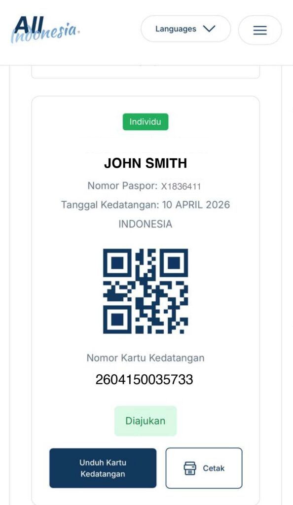 Screenshot of the QR code of the Arrival Card Indonesia Mobile